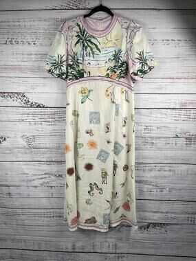 Dress Women's Size Medium Multicolor Tropical Print Maxi Short Sleeve Beach Art